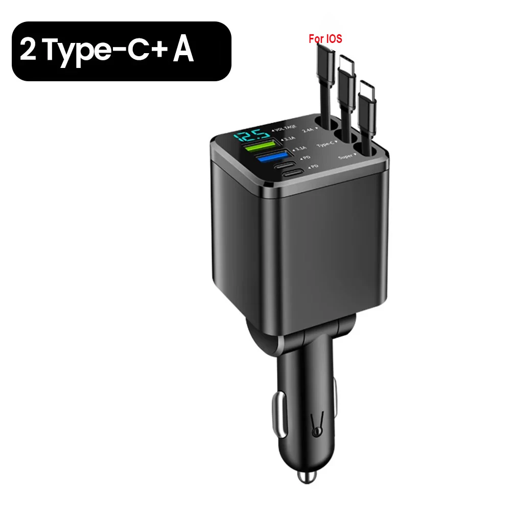 ตัวเลือกสินค้า 5 พอร์ต USB ชาร์จรถยนต์ พร้อมสาย Type C พับเก็บได้