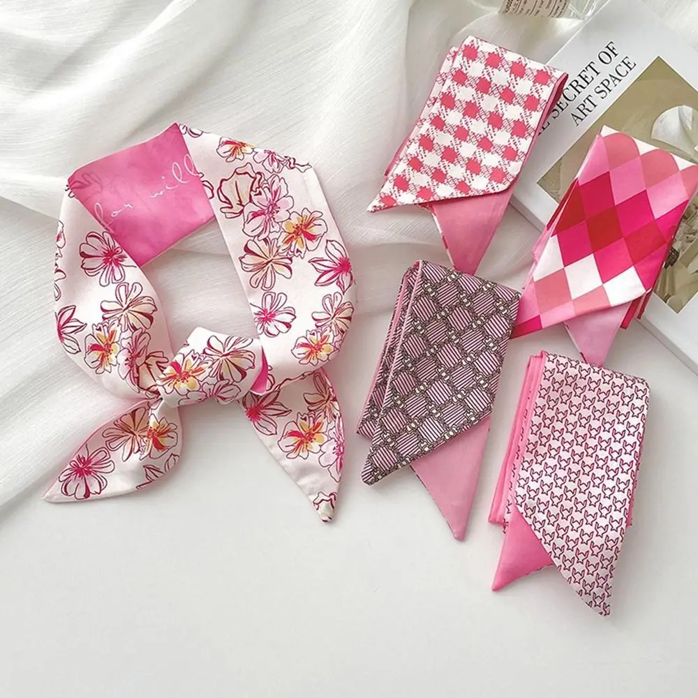 

Pink Printing Small Long Scarf Hair Band Bag Decoration Simple Print Flower Silk Scarf Ribbon Headband Female Shawl Accessories
