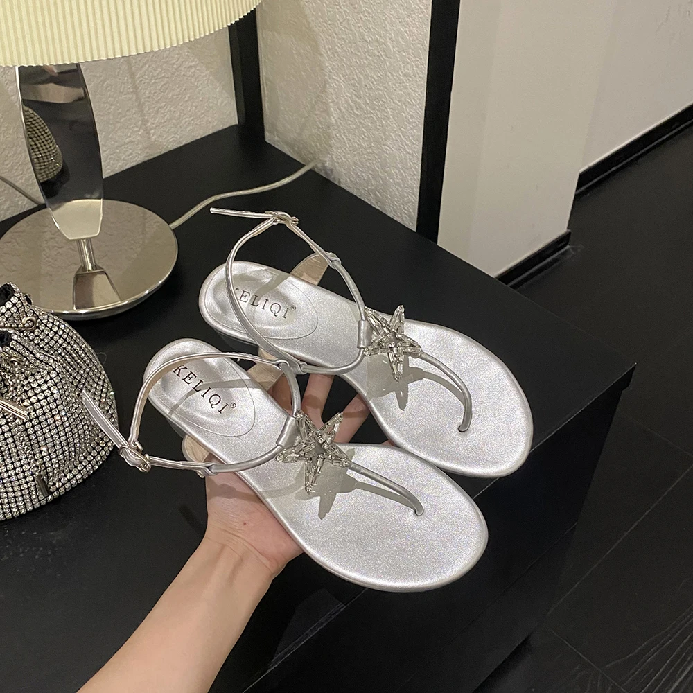 Fashion Women Sandals Clip Toe Black Silver Star Flat Mid Heels