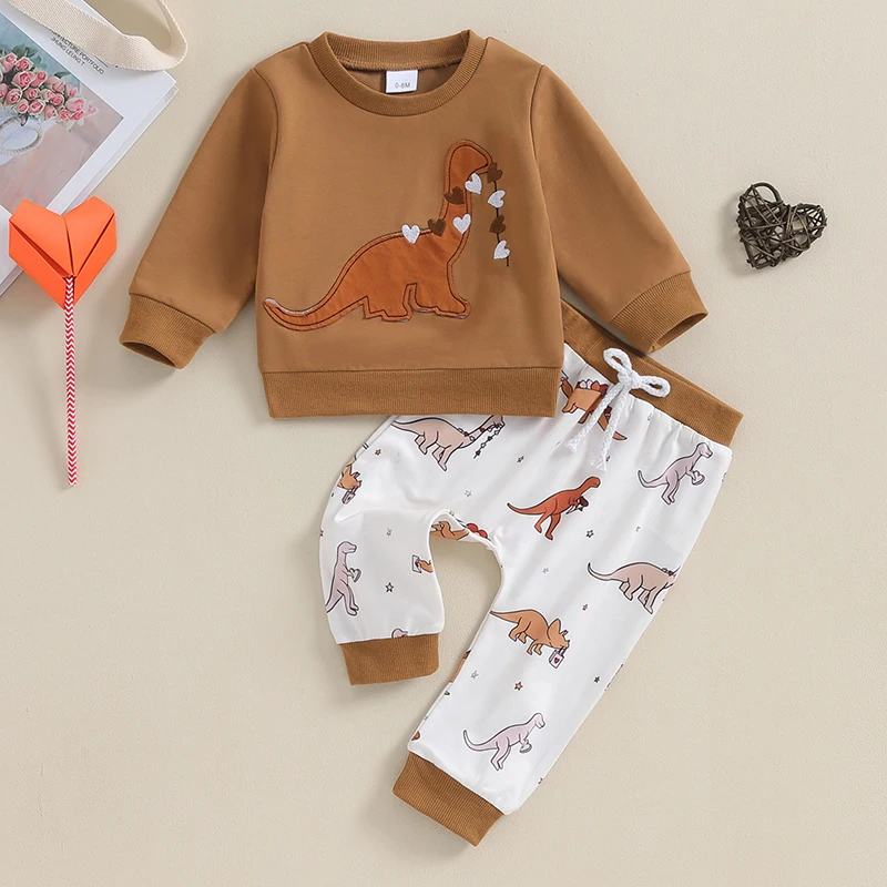 

SUNSIOM 2PCS Toddler Boys Clothes Valentine's Day Sets Long Sleeve Dinosaur Print Sweatshirt and Drawstring Pants Sets