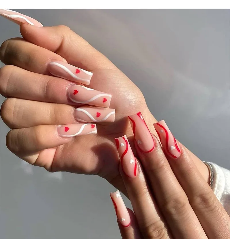 

Длинные французские накладные ногти, 24 шт., розовые волнистые дизайнерские накладные ногти, яркий цвет, балета, синий цвет, искусственные ногти, прижимные ногти в летнем стиле