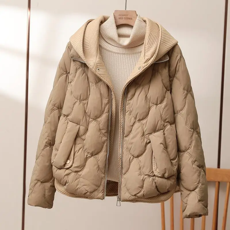 Autumn and Winter New Fake Two Piece Diamond Plaid Cotton Coat Women's Thickened Warm Small Hooded Cotton Coat Jacket Women 2020 new fake two piece shirt women s autumn and winter new korean version of high neck knitted stitching inner jacket lady