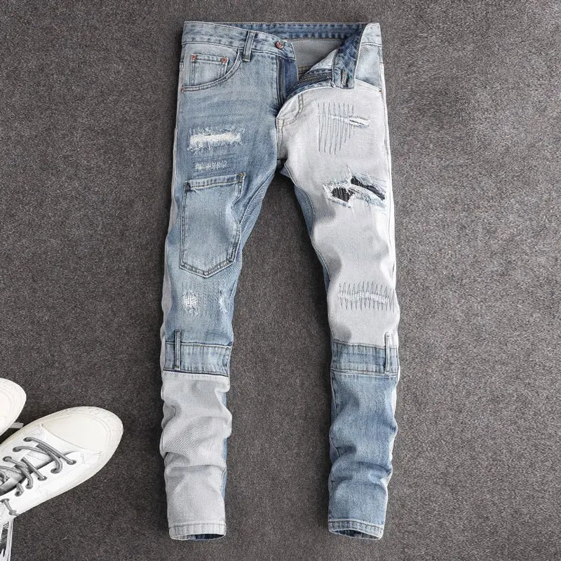 

Street Fashion Men Jeans Retro Light Blue Stretch Slim Fit Ripped Jeans Men Spliced Designer Hip Hop Denim Biker Pants Hombre