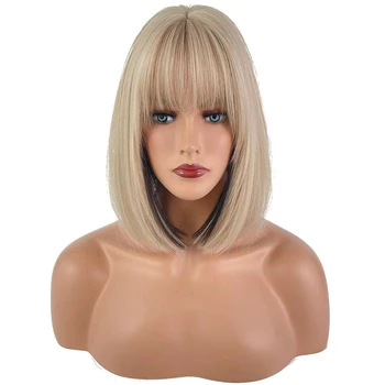 Short Straight Synthetic Wigs for Women Black With Blonde Bob Wigs with Bangs Daily Cosplay For Party Heat Resistant Lolita Hair 10