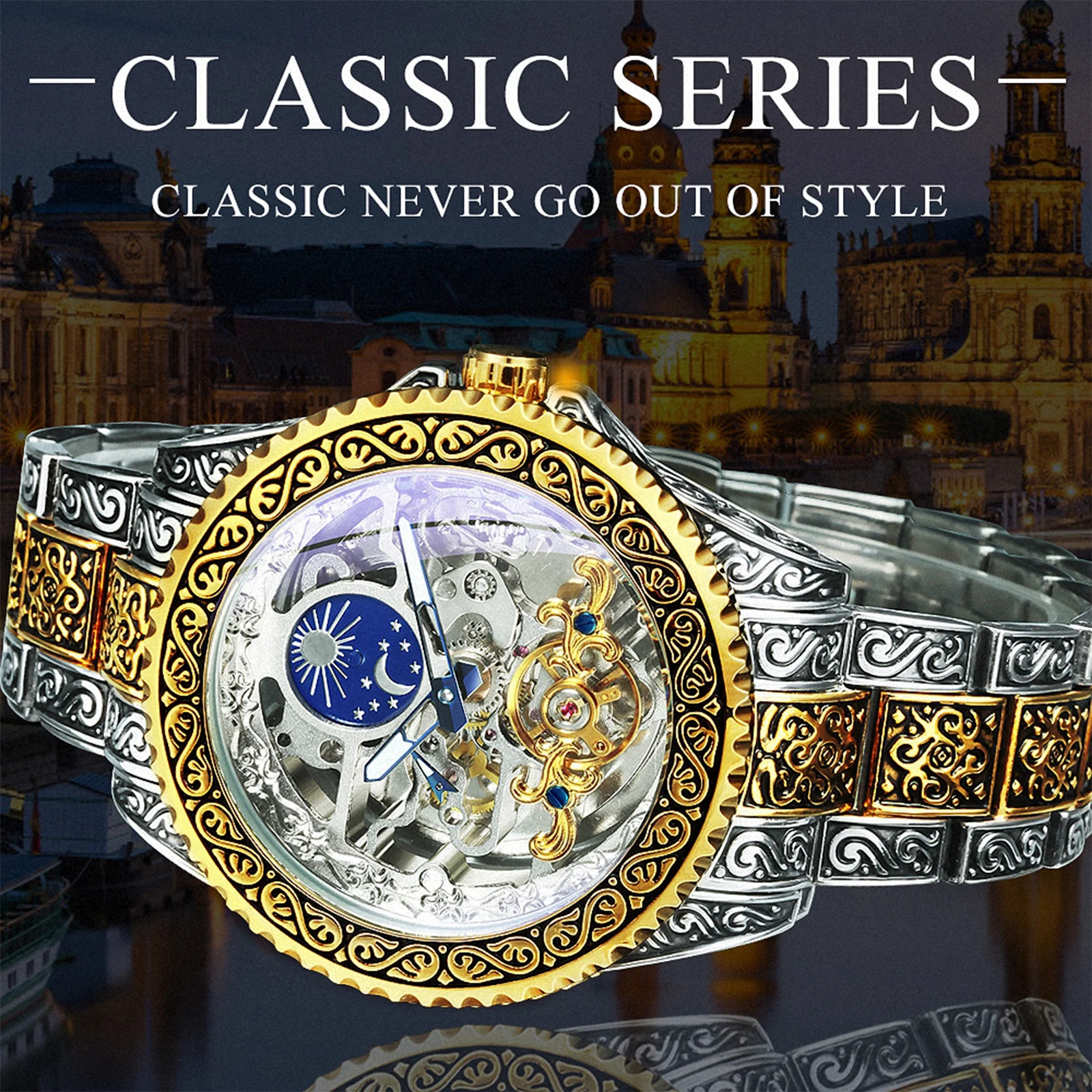 Mechanical watch WINNER Luxury moon phase tourbillon skeleton mechanical watches Gold engraved automatic men watch stainless steel strap luminous