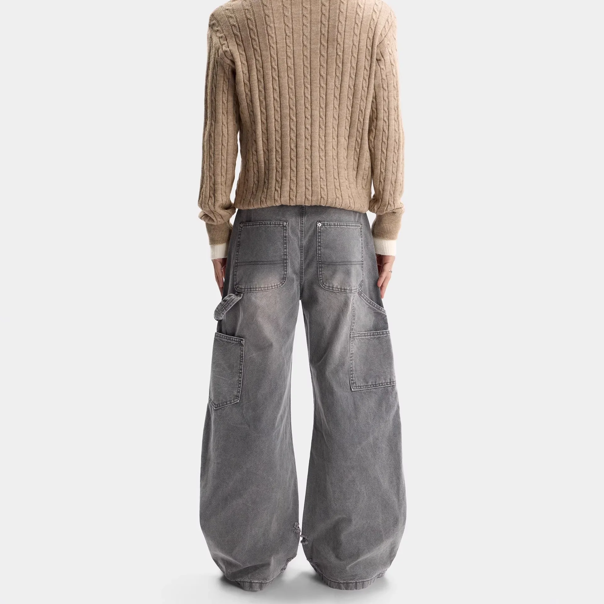 Vintage Distressed Knife Pants Loose Fitting Men's And Women's Style Aged Look Casual Jeans Long Trousers with Pockets 4