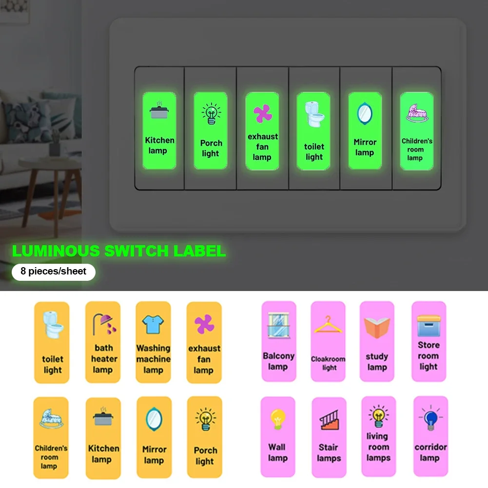 8pcs Luminous Sign Wall Switch Sticker PVC Glow in The Dark Light Switch Labels Stickers for House Decals Lamps Button Lable