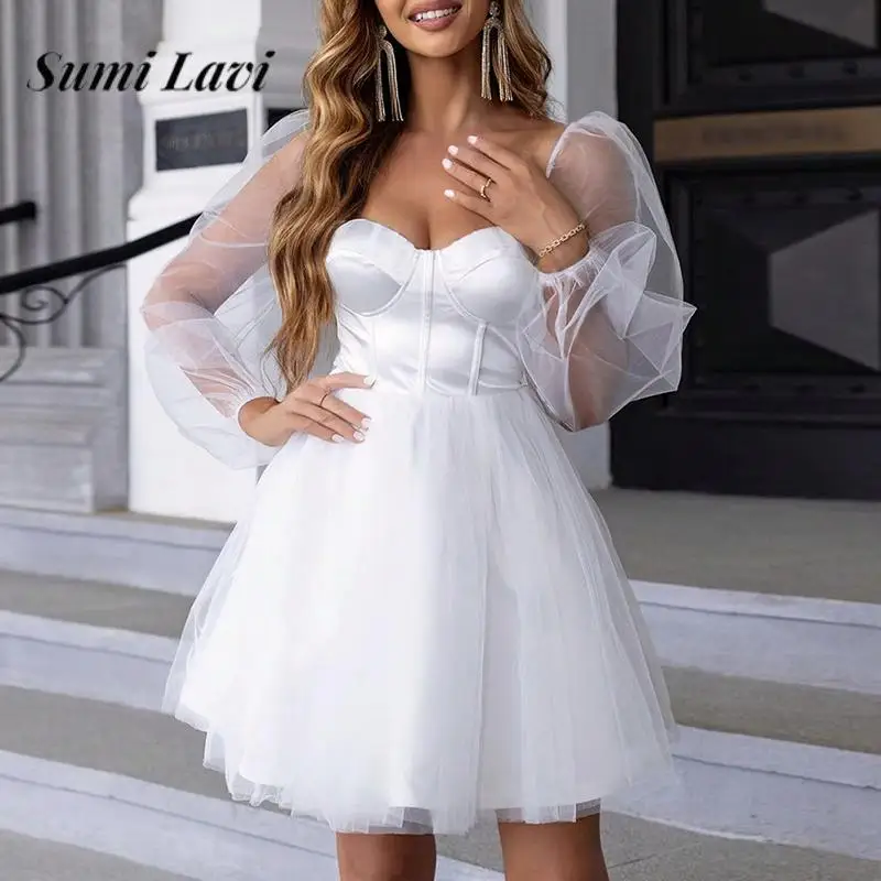 

Fashion Square Neck Bubble Sleeve Princess Dress Elegant Ball Mesh Splicing Dress Ladies High Waist Big Hem Sexy Pleated Dresses