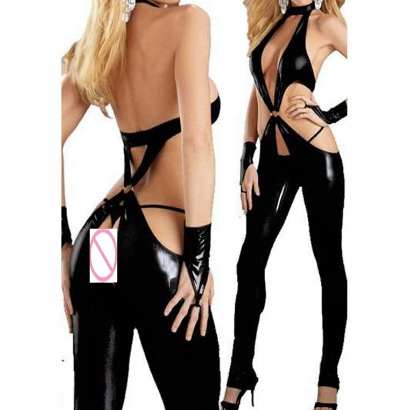 

Sexy Faux Leather Catsuit PVC Latex bodysuit lingerie Open Crotch Clubwear fetish hot erotic Pole Dance PU body suit