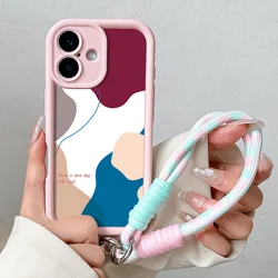 Color Block Wrist Chain Phone Case with Hand Strap and Lanyard - iPhone 15 Plus (625 - Pink - SS)