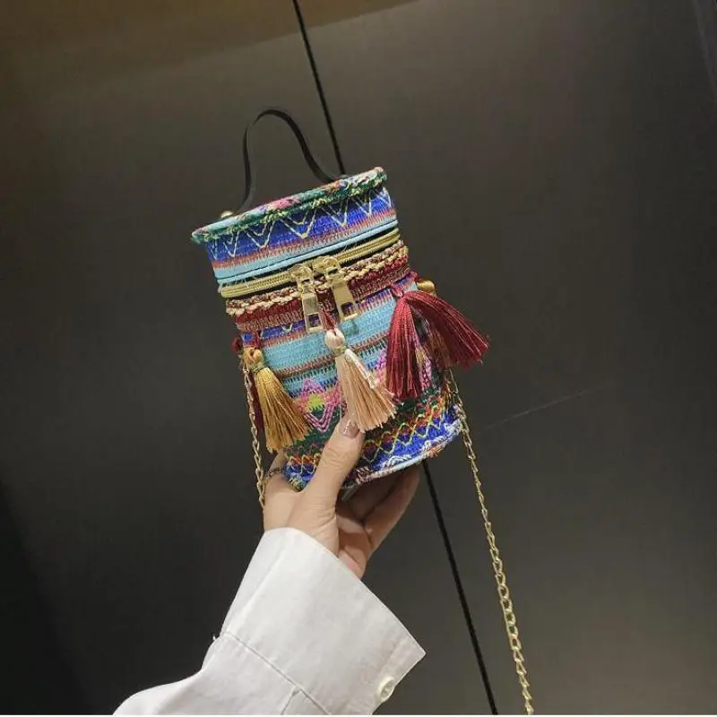Fashion Handbag Women's Bag Straddle Bag Beach Bohemian Cylinder Bag National Style Chain Girl's Shoulder Bag Crossbody Bag