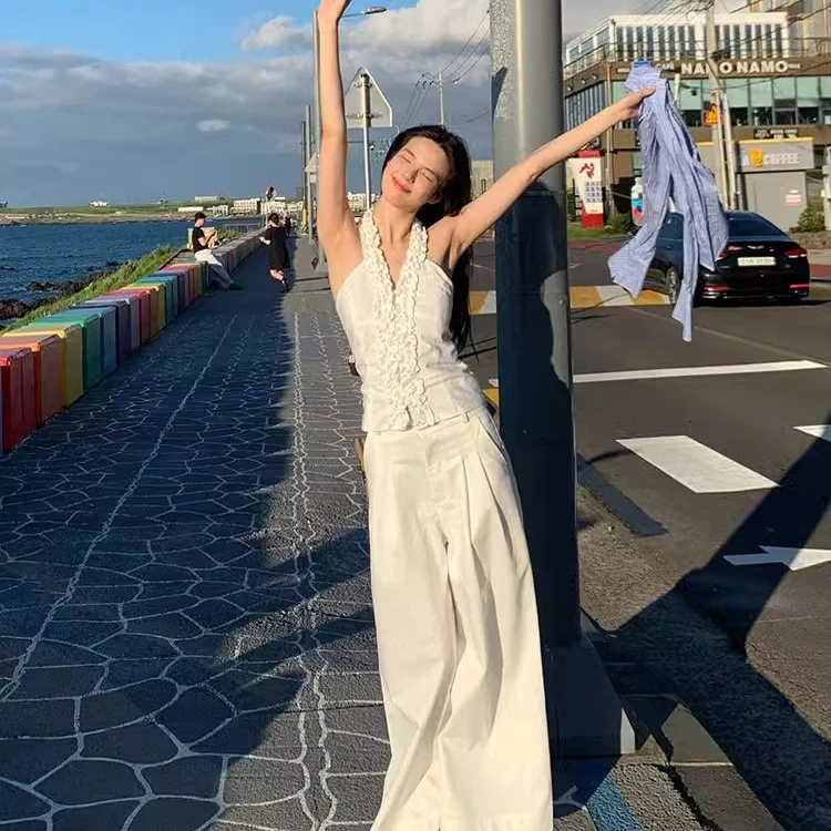 Ele White Off-oulder Floral Strap Vest Slimming Summer New Sle Trendy Top Women's Faion Casual Wear Chinese Production