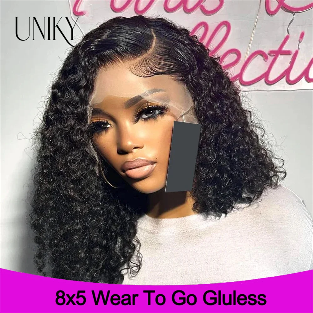 

Glueless 100% Human Wigs Deep Wave Ready To Wear Short Bob HDTransparent Lace Frontal 8x5 Wear And Go Wig Deep Curly For Woman