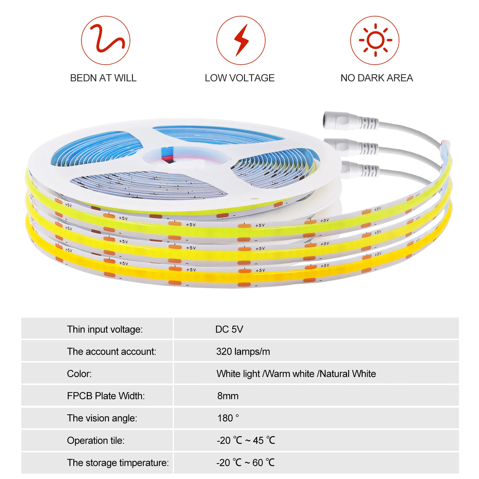 5V USB 투야 와이파이 COB LED 스트립 라이트 0.5m-5m 웜 내추럴 화이트 유연한 조광 가능 조명 320leds/m 홈 데코 알렉사 구글용