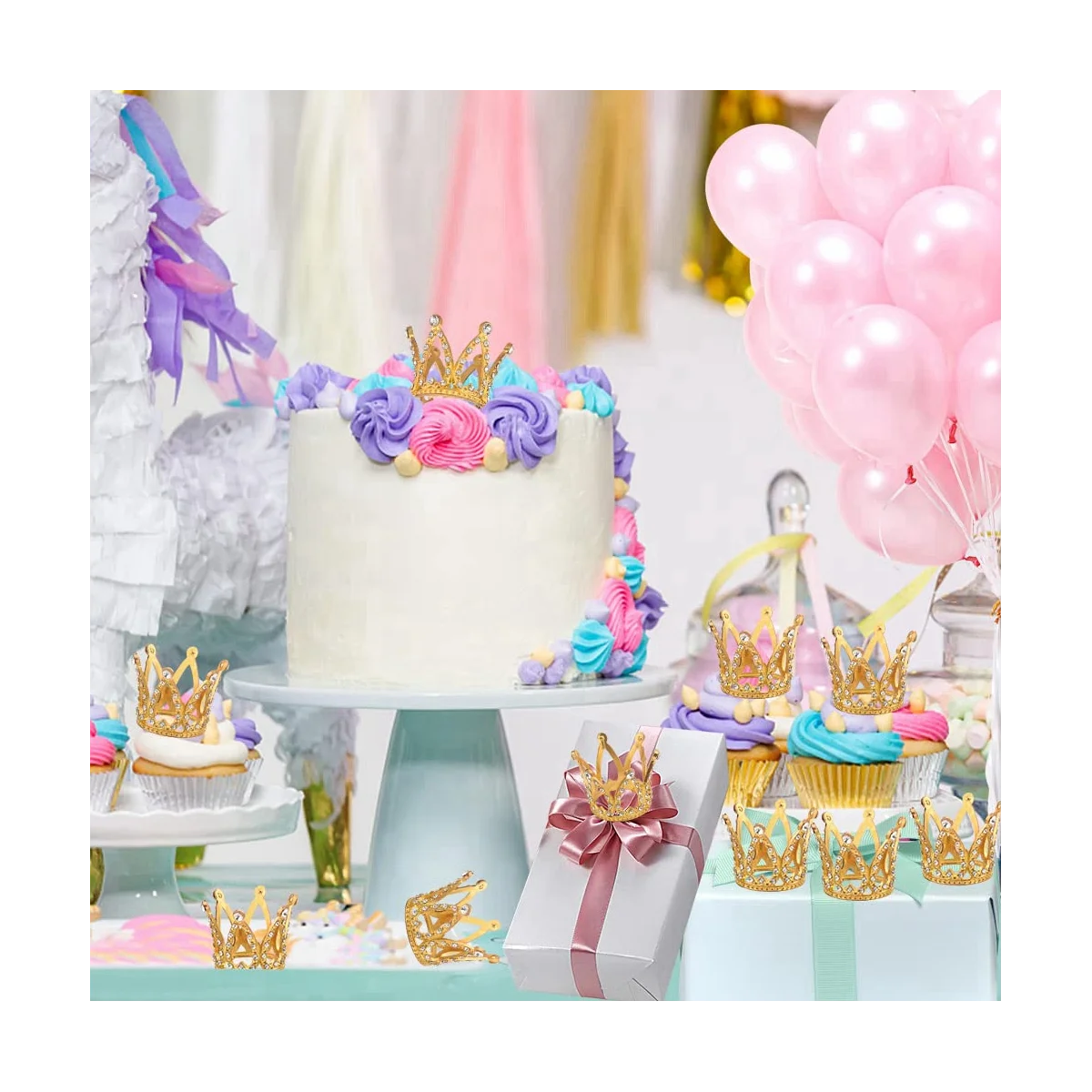 

10 Pcs Gold Cake Topper Tiny Baby Small Rhinestone Tiara Crown for Flower Arrangements Shower Birthday Wedding Decor