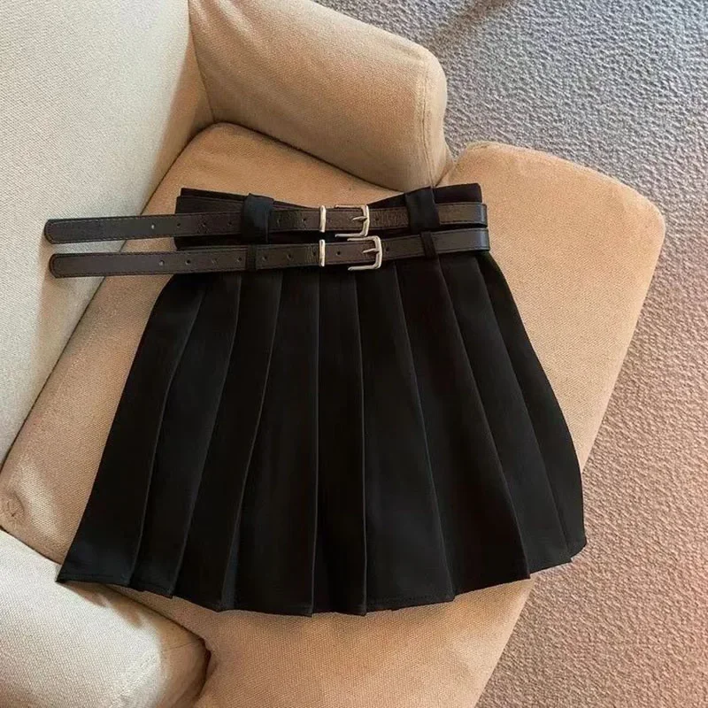 Xpqbb 모든 경기 대학 스타일 Jk Pleated 스커트 여성 패션 더블 벨트 하이 웨이스트 스커트 여성 빈티지 브라운 미니 스커트