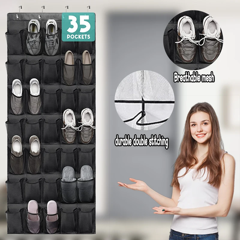 35 Pockets Over the Door Shoe Organizer Large Mesh Pockets With 4 Hooks Transparent Fabric Shoe Rack Storage Bag For Bedroom 2