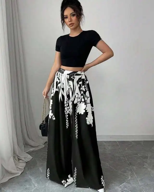 Women's Tropical Print Wide-Leg Pants, Elastic Waist Design, Slim Fit for Casual Vacation Wear 4