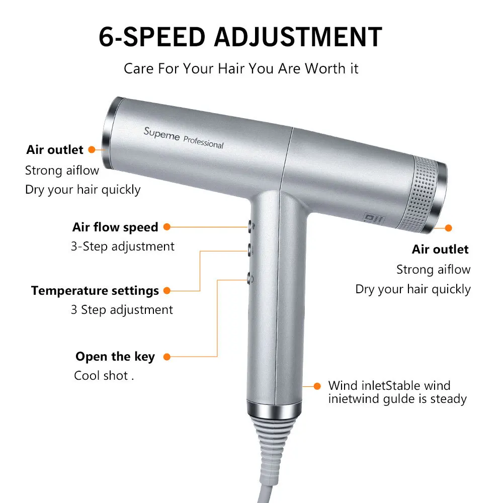 Frequency Conversion Professional Salon Ionic Hair Dryer Light Weight Strong Wind 6 Speed Negative Ion Bolwdryer with 3 Nozzle 2