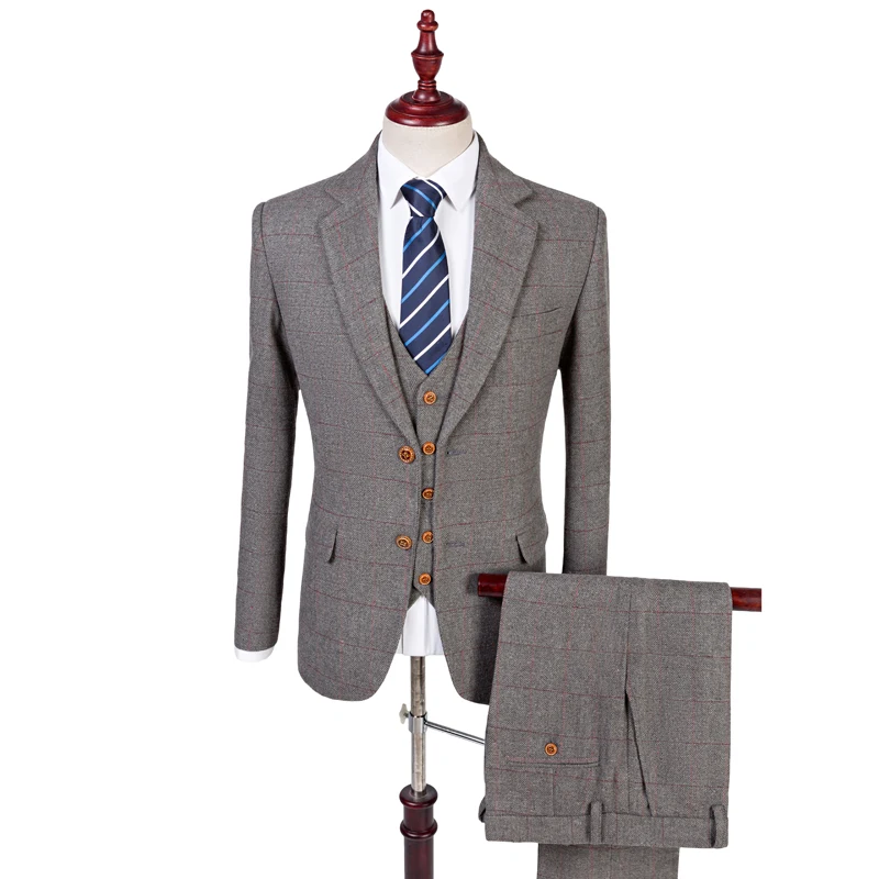 Latest Coat Pant Designs Suit Wool Grey Tweed Retro British Style Wedding Slim Fit Blazer Business Suits For Men 3 Piece