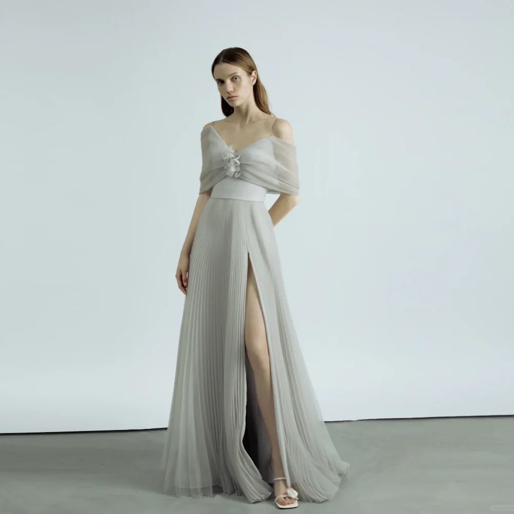 

ROSELLA Gray Sweetheart Spaghetti Straps Evening Dresses Floor Length A Line Pleated High Slit Formal Gown Korean New 2023