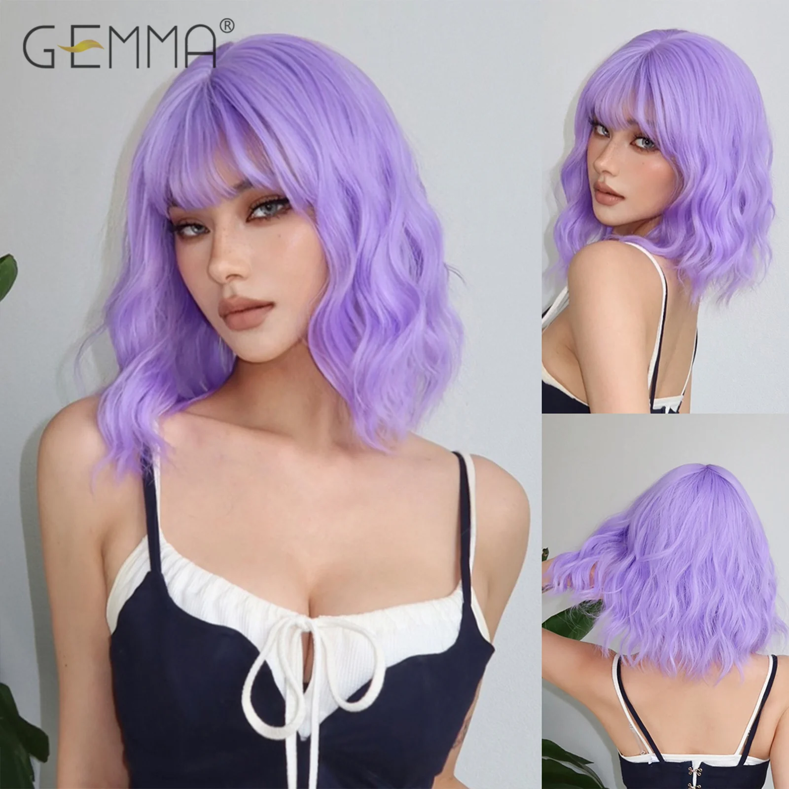 Shoulder Long Light Purple Synthetic Curly Wig with Bangs for