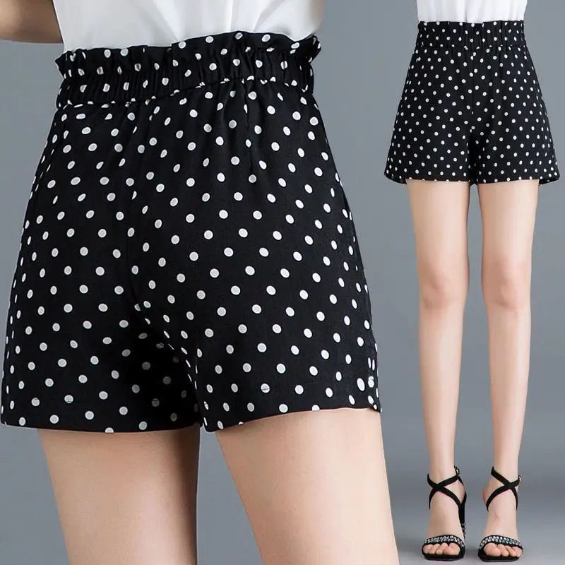 Black Chiffon Polka Dot Shorts for Women's Summer New High Waist Oversized Loose Wide Leg Casual Pants Casual Fashion Clothing