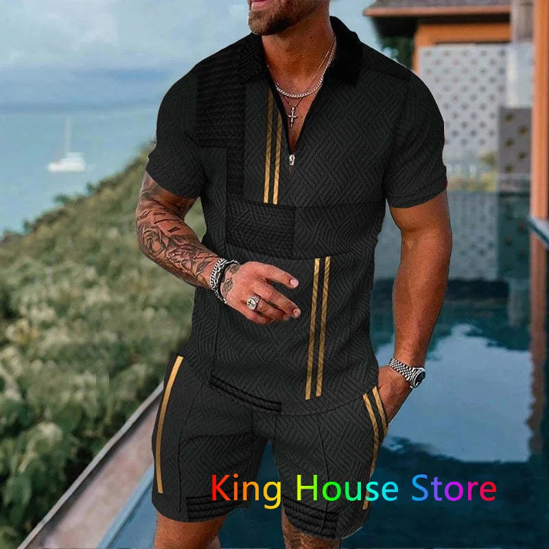 Fashion Polo 2 Piece Outfit Tracksuit Men's Oversized Zipper Short Sleeve Polo Shirt Summer Beach Outfit Polo Set Sportwear Suit