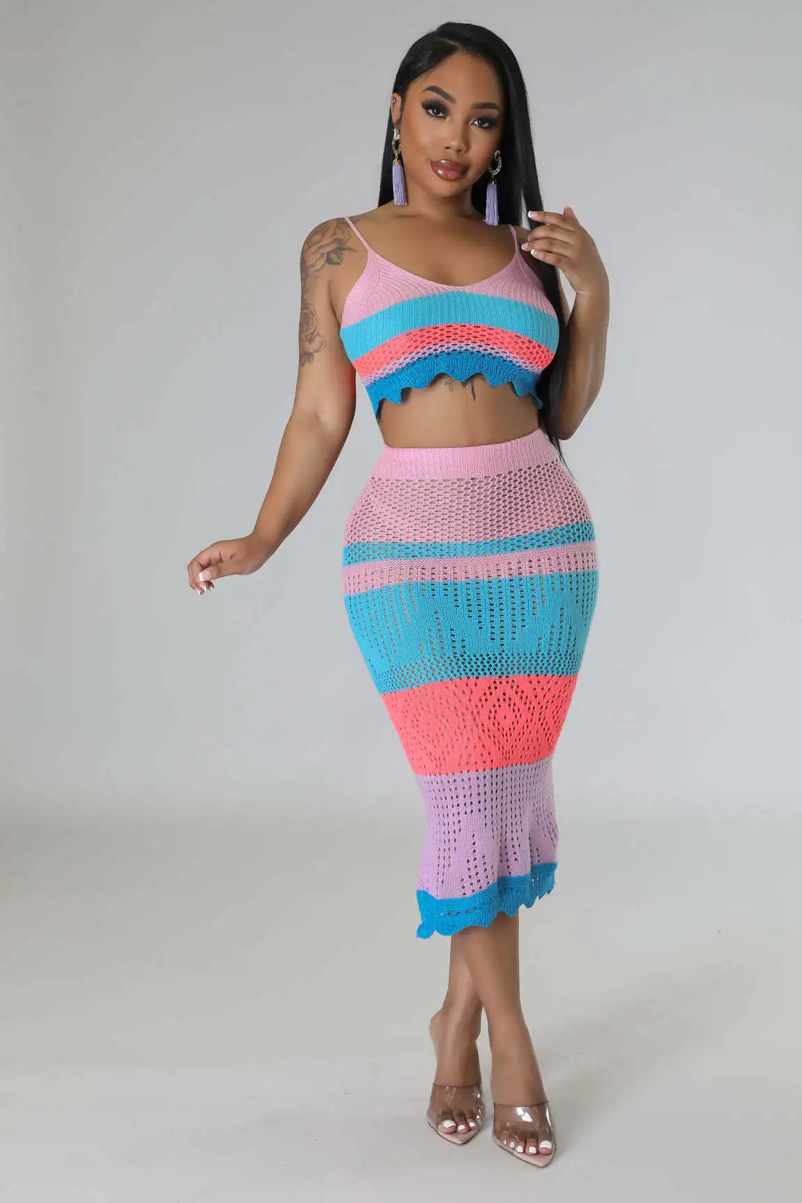 Summer Beach Wear Knit Rib 2 Piece Set Women Sexy Color Block Sling Crop Top + Long Skirts