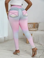 Plus Size Women's Leggings with Fake Flap Pocket Pantss, Fashionable Gradient Print Pattern, Casual and Comfortable Tight-Fitting High-Elastic Sports Pants - Image 2