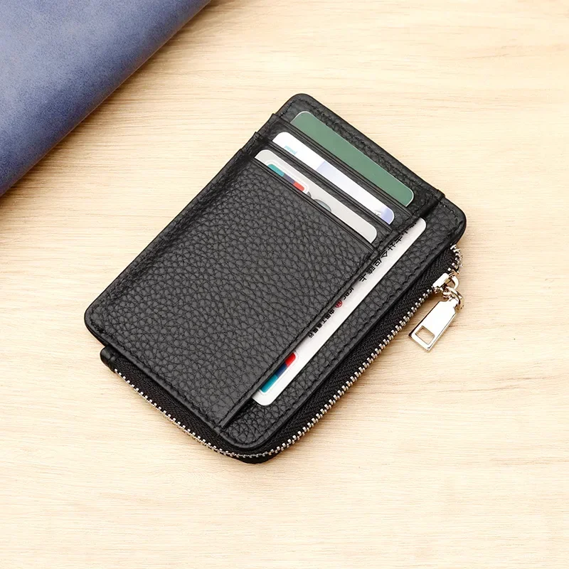 

Men Women ID Card Holder Genuine Leather Small Wallet Zipper Coin Purse Money Bag Cover Credit Cardholder RFID Bank Card Case