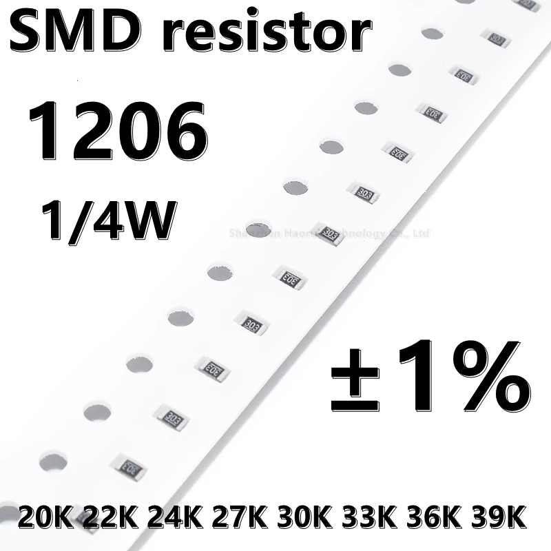 

(100 шт.) 1206 SMD резистор 1% 20K 22K 24K 27K 30K 33K 36K 39K 1/4W Высокое качество