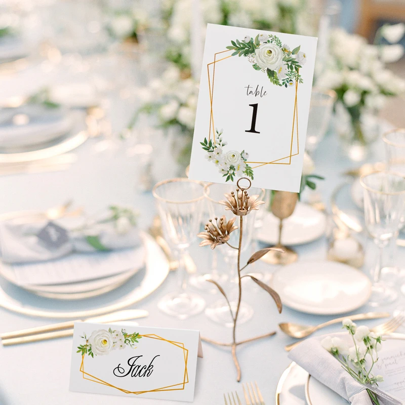 75Pcs Simple Table Numbers Card Greenery Eucalyptus Flower Golden Frame Place Cards for Wedding Party