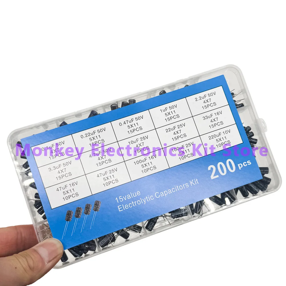 15Values 10V 16V 25V 50V 0.1uF-220uF 0.22uf 2.2uf 100uf Radial Electrolytic Capacitor Assortment Kit 200pcs/lot electrolytic capacitor