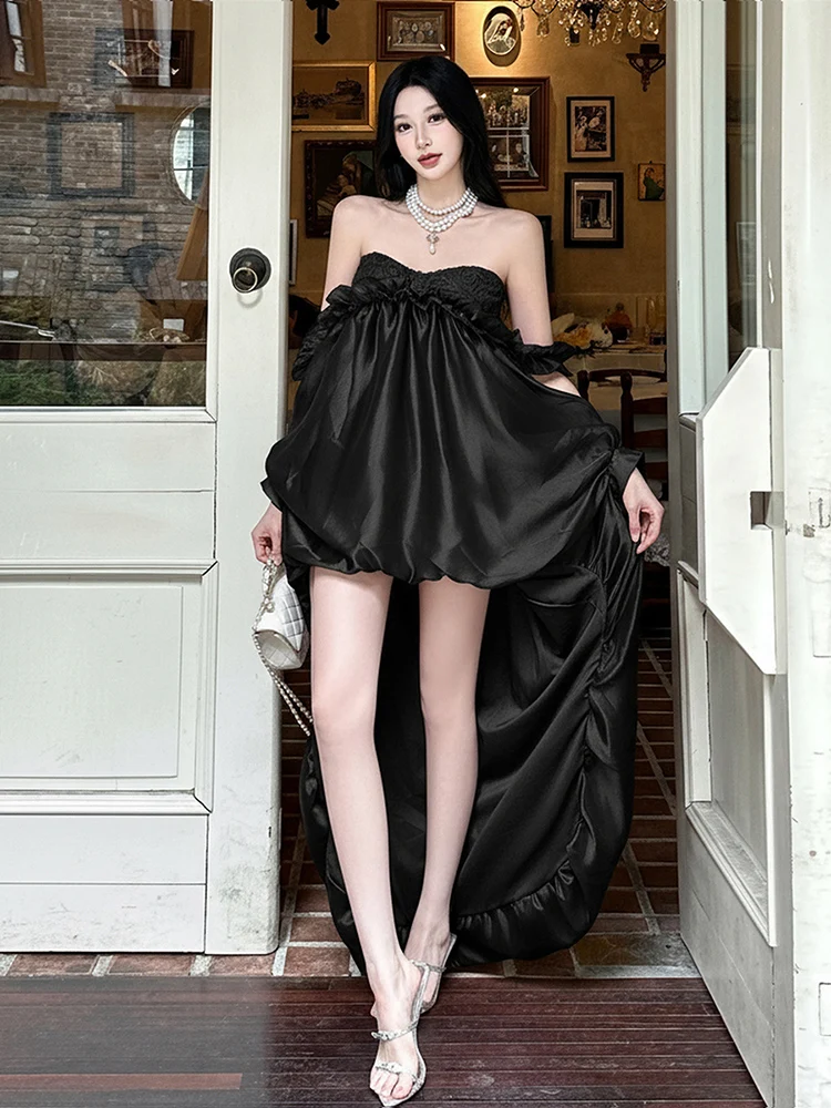 Nibber Irregular Large Hem Women Edible Tree Fungus One Shoulder Patchwork Lace See Through Sweet French Style Chic Vestidos