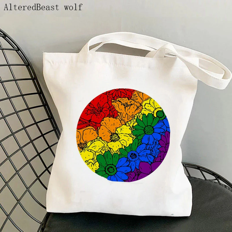 Women Shopper bag Demiromantic pride Flowers Kawaii Bag Harajuku Shopping Canvas Shopper Bag girl handbag Tote Shoulder Lady Bag