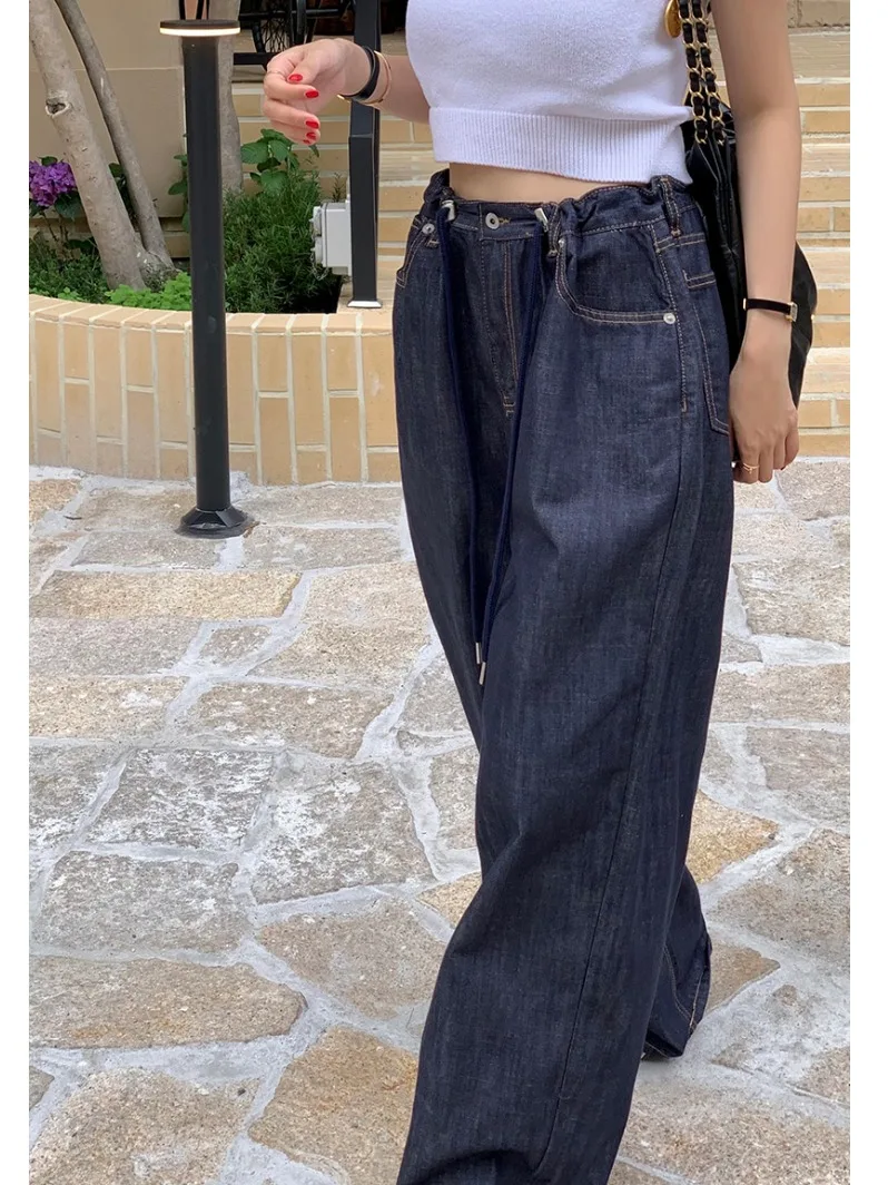 High Waist Dstring Loose Women's Jeans Faionable Wide Leg Pants Versatile Long Trousers for Small Stature