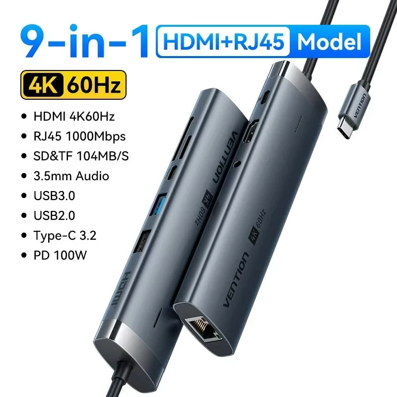 Vention USB C Hub HDMI 4K 60 هرتز 9 في 1 PD 100 واط RJ45 محول USB3.0 Hub 5Gbps محطة إرساء الفاصل لأجهزة الكمبيوتر المحمول MacBook Air iPad