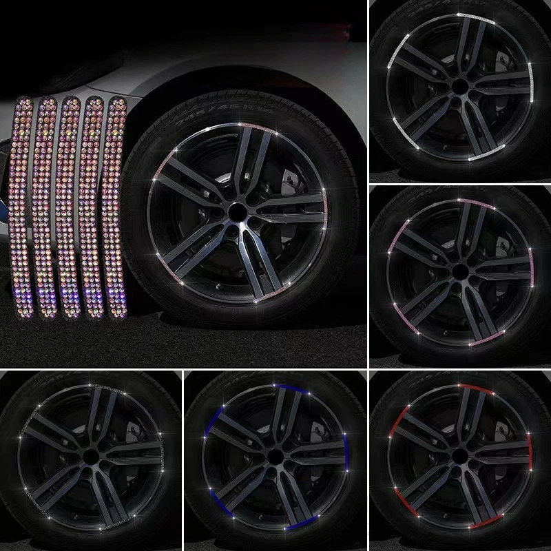 20Pcs 다이아몬드 크리스탈 자동차 타이어 림 스티커 자동 장식 스티커 안전 경고 스트라이프 휠 허브 여성을위한 자동차 액세서리