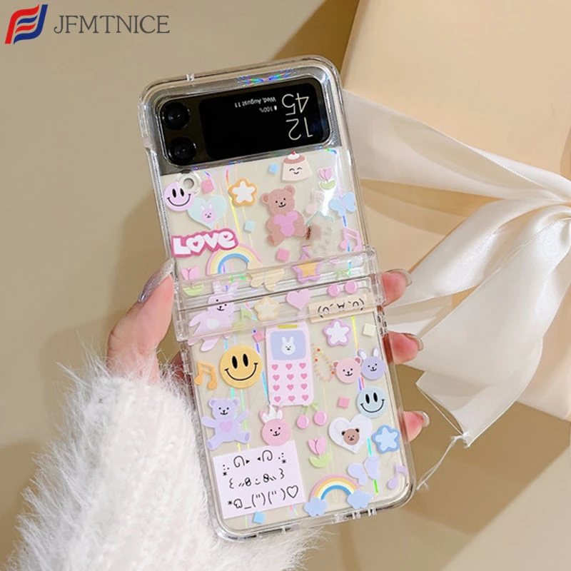 Cute Cartoon Bear Clear Hard PC Armor Hinge 360 Protect Phoen Case for Samsung Galalxy Z Flip 3 5G Z Flip4 Z3 Coque Funda case for galaxy z flip3