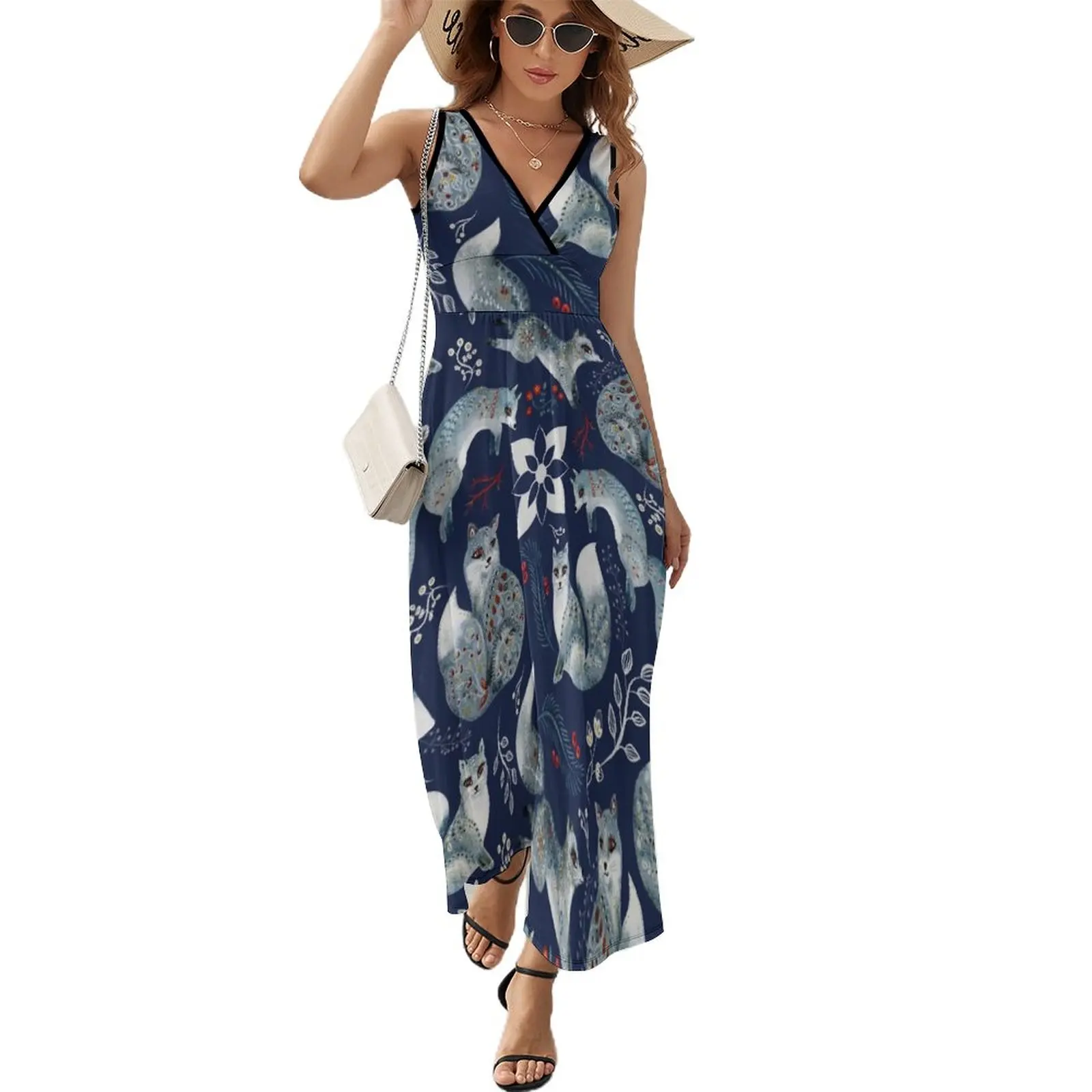 

Watercolor fox folk pattern - Blue Sleeveless Dress dress party evening elegant luxury celebrity summer dress womens 2023