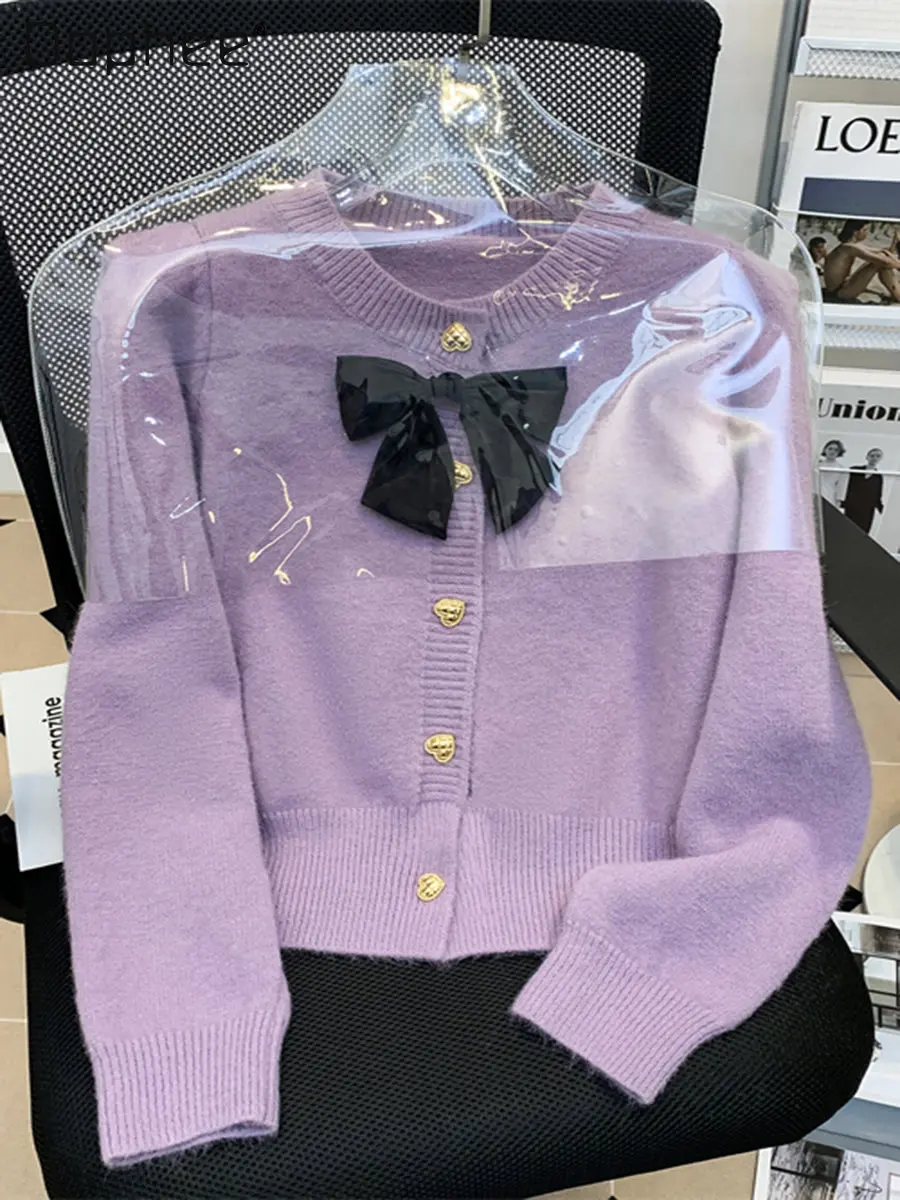 

Women's New Sweet Purple Bow Knitted Cardigan Sweater Autumn and Winter Sweaters Coat Ladies Round Neck Sweater Pullover Tops