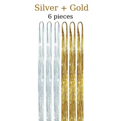 Sparkling Multi-Color Hair Tinsel Kit with Application Tool - 1200 Strands of 48-Inch Synthetic Extensions - 36inches-6 pcs ((Silver  Gold))