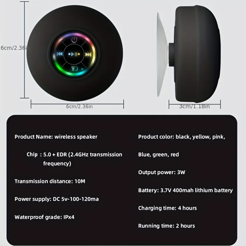 Portable Waterproof Bluetooth Shower Speaker with Suction Cup and LED Lights 3D Surround Stereo subwoofer bluetooth speaker