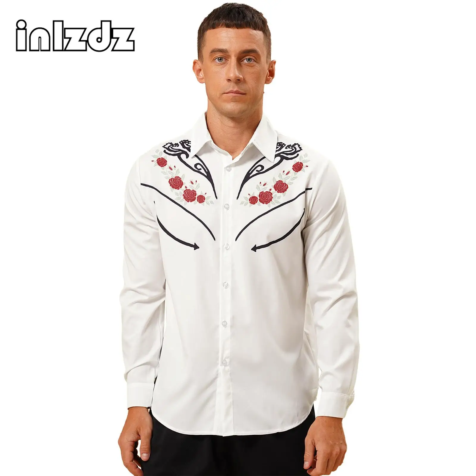 Mens Fashion Long Sleeve Shirt Fashion Contrast Color Floral Print Cowboy Casual Turn-Down Collar Button Shirts