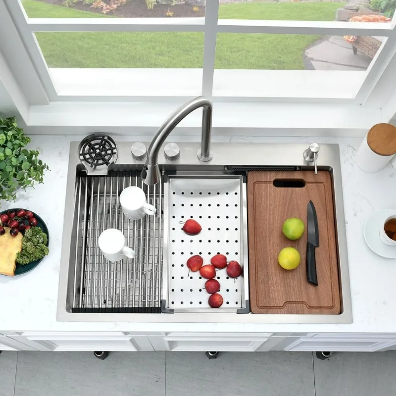 33 Inch Drop In Waterfall Kitchen Sink with Faucet Combo Workstation-Bokaiya 33x22 Waterfall Sink Drop In Smart 16 Gauge Multifu 3
