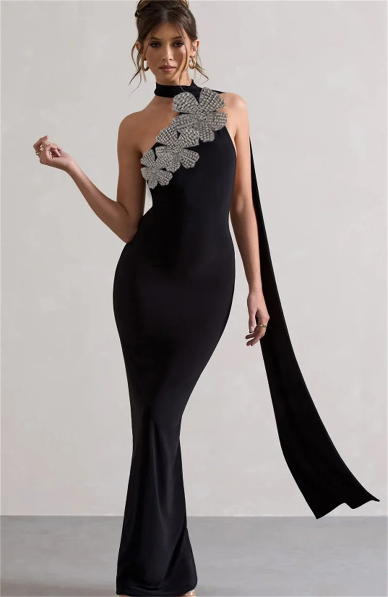 Black Bandage Evening Dress With Scarf Sexy Sleeveless Sheath Long Crystals  Party Robe Formal Birthday Red Carpet Prom Gown