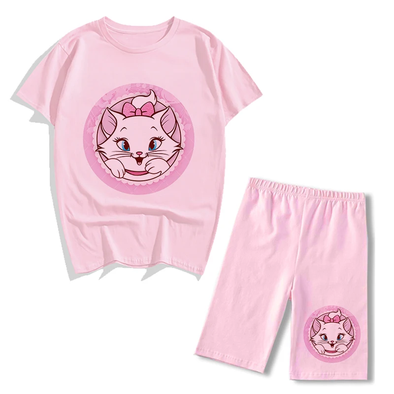 two piece sets Summer Fashion Disney Marie Cat Print Two Piece Set Women Tracksuit Casual Short Sleeve T Shirts And Biker Sports Shorts Outfits sweatpants set