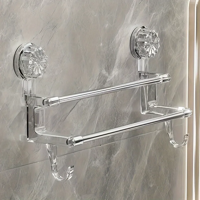 Dual-layer Suction Cup Towel Rack Non Punching Strong Bath Towel Holder Shower Door Bar Rack Bath Holder with Hook