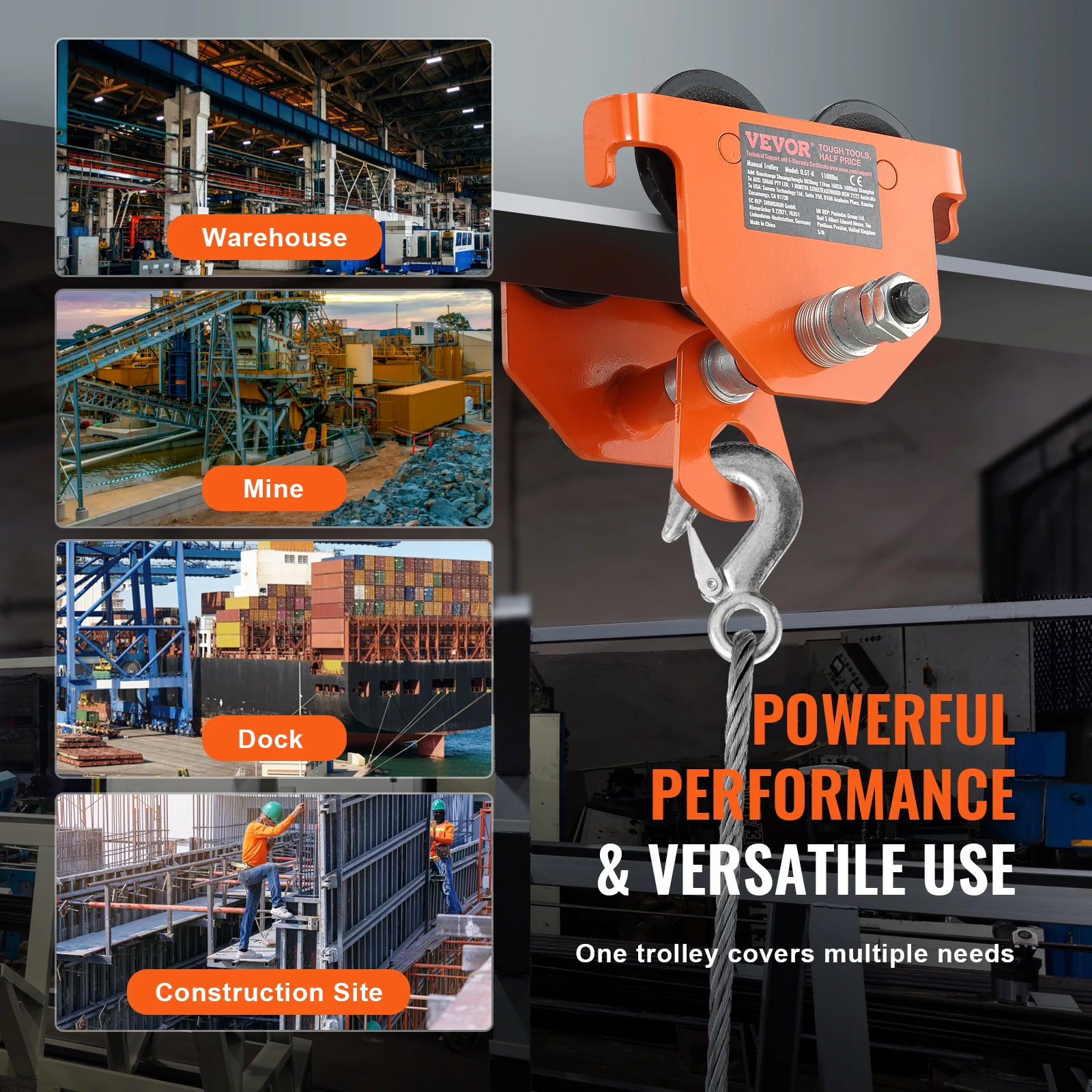 0.5/1/2/3/5 Ton Manual Push Beam Trolley Dual Wheels Adjustable Straight Curved I-Beam Flange Width 2.5" to 8" for VEVOR